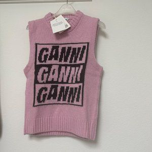NWT Ganni Logo Wool Pink Knit Crewneck Vest Tank K1762 Small